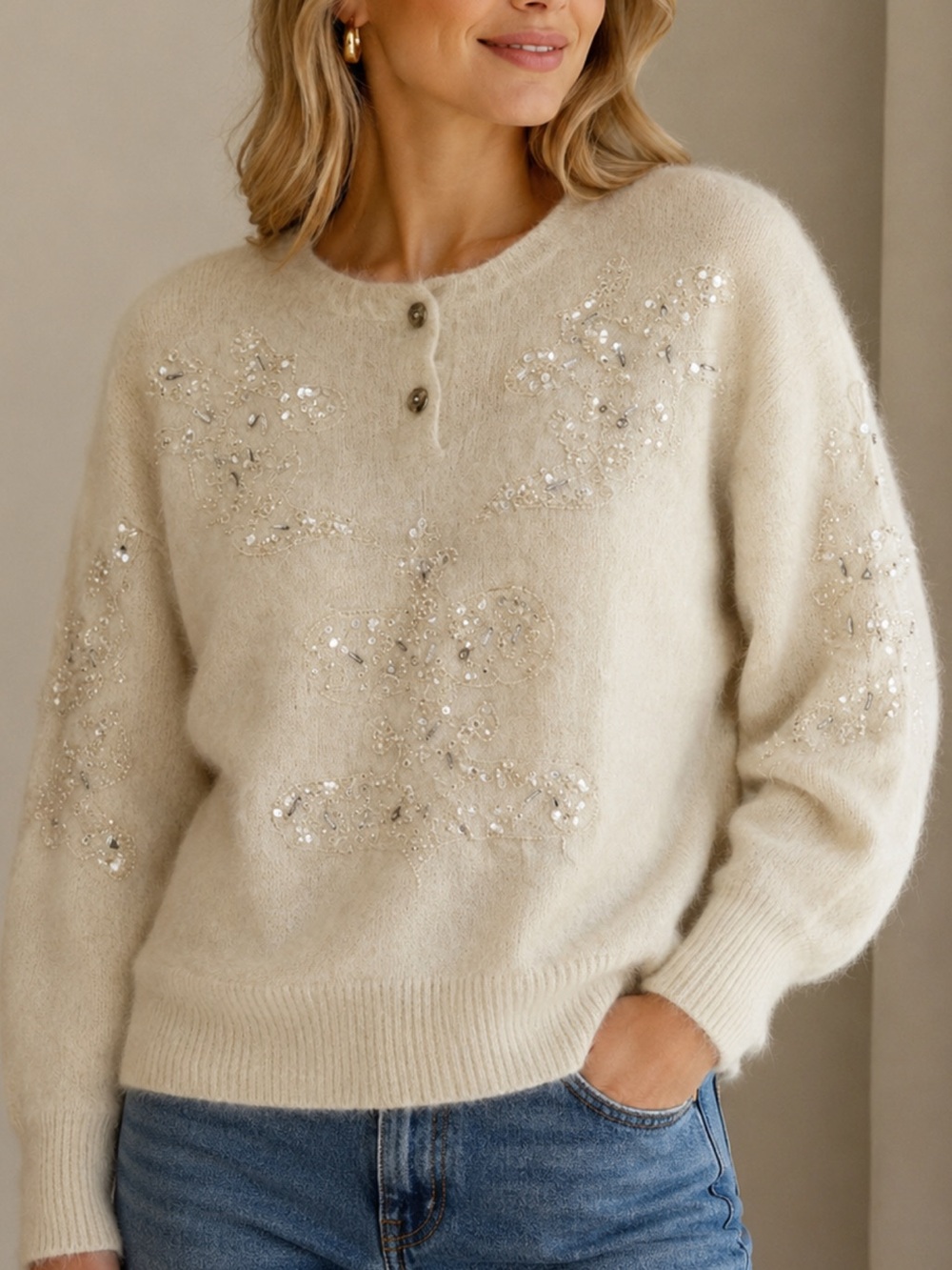 Phoebe Wool Angora Beaded Sequin Embellished Sweater Women’s M Ivory Medium